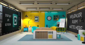 Escenario virtual de aula con pantallas y pizarra