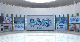 Escenario virtual con pantallas mostrando diapositivas